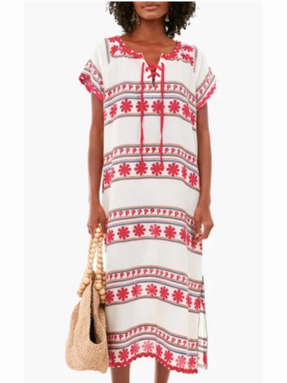 Tuckernuck White Caftan Cover-Up with Red Embroidery